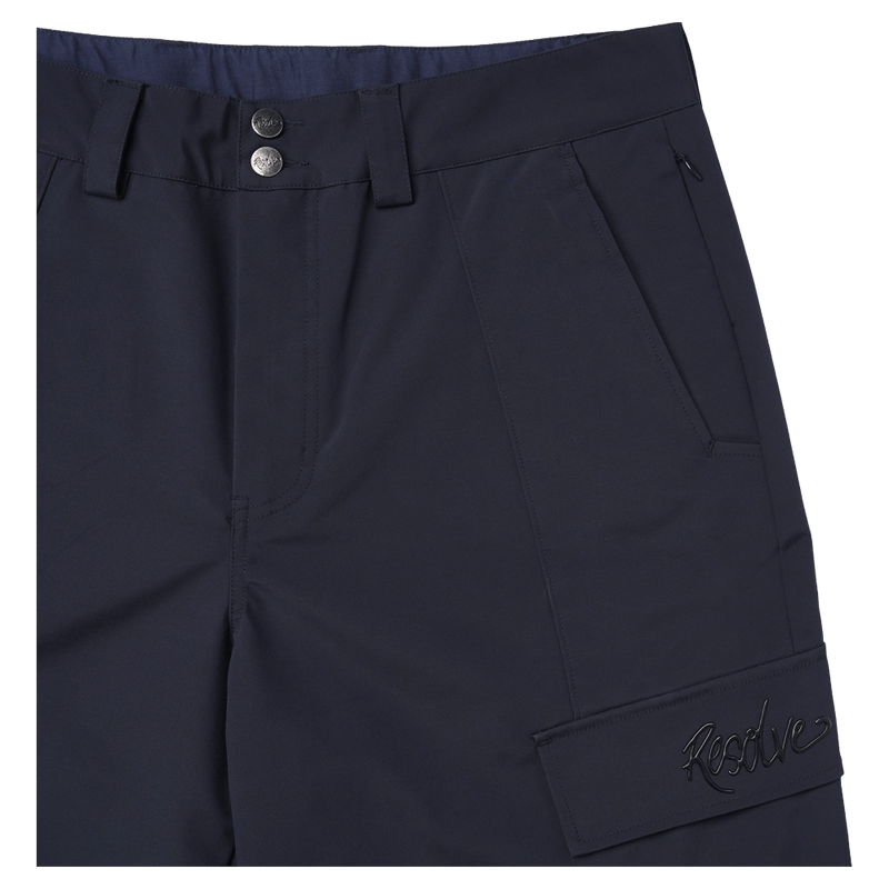 Navy Resolve Sprinter Baggy cargo ski pants with double snap closure and embroidered script logo on cargo pocket.