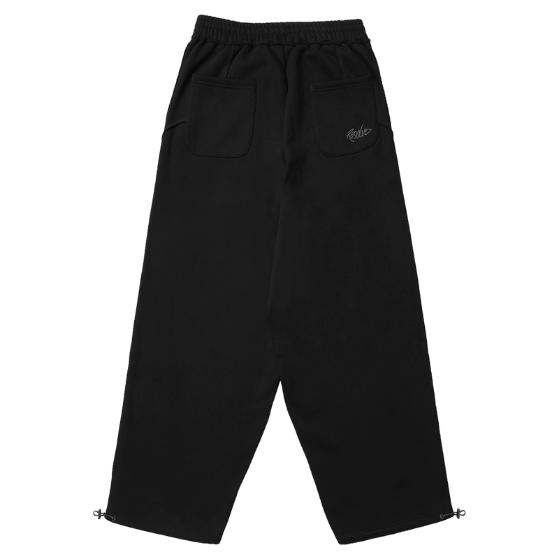 Black Resolve Daily Sweatpants back view with two rear pockets, elastic waist, and adjustable toggle drawstring hems.