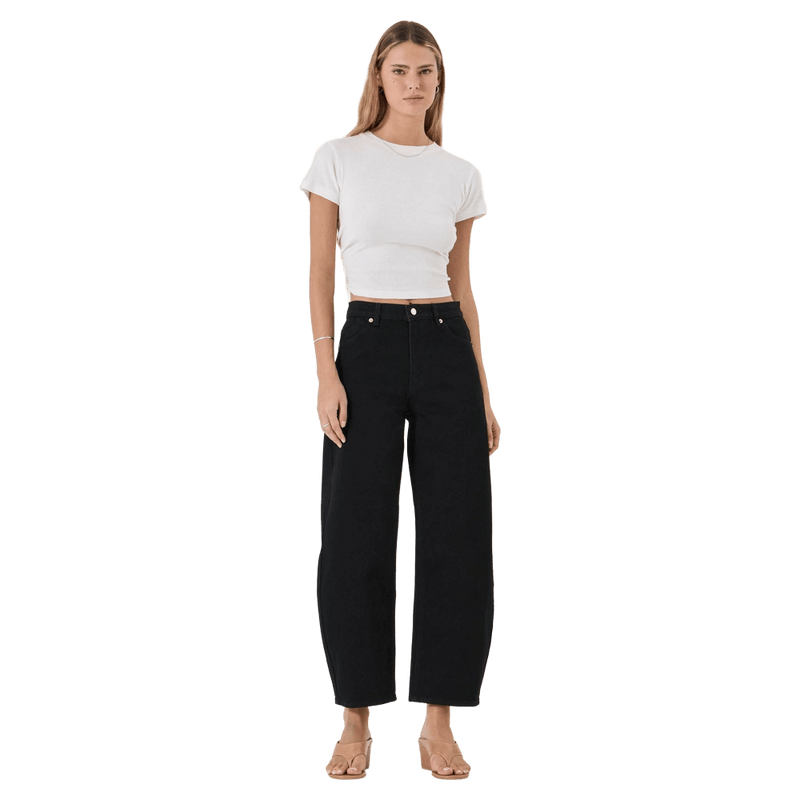 Front view of Rollas Gig Barrel Jeans - Womens in colour Jet Black.
