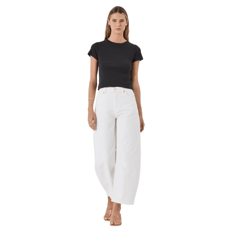 Front view of Rollas Gig Barrel Jeans - Womens in colour Vintage White.