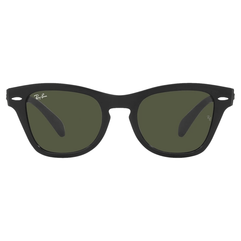 Ray-Ban matte black square sunglasses with dark green lenses and white logo, front view.
