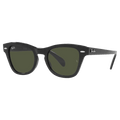 Ray-Ban black thick-frame sunglasses with dark green lenses and silver rivets, shown at a three-quarter angle.