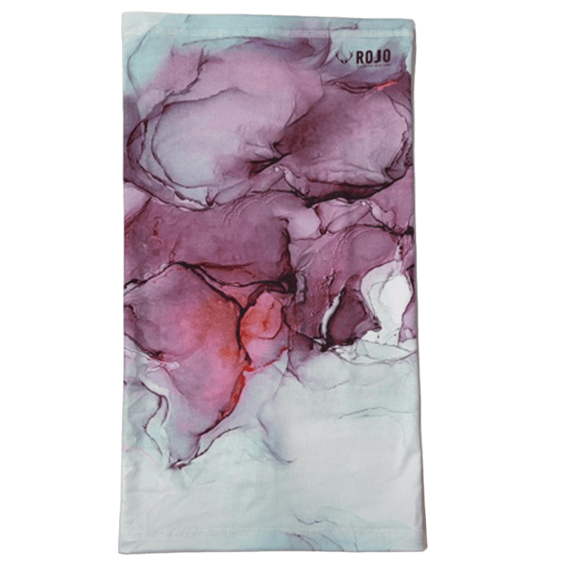 Women's Rojo Ultra Neck Tube featuring a purple and pink abstract ink wash pattern on white fabric, flat front view.
