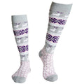 Rojo women's knee-high socks with grey, purple, and pink Nordic patterns featuring reindeer, snowflakes, and dots.