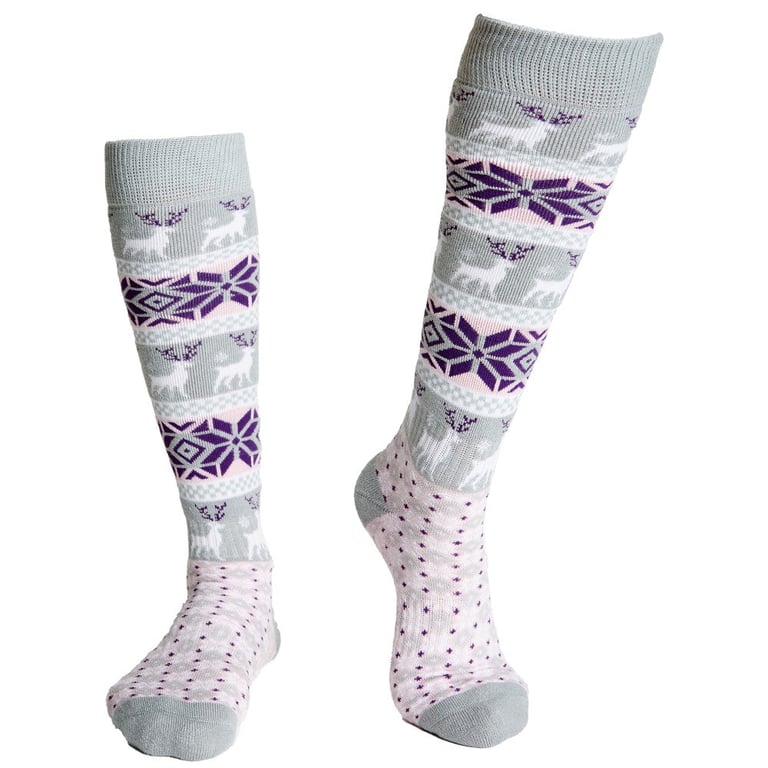 Rojo women's knee-high socks with grey, purple, and pink Nordic patterns featuring reindeer, snowflakes, and dots.