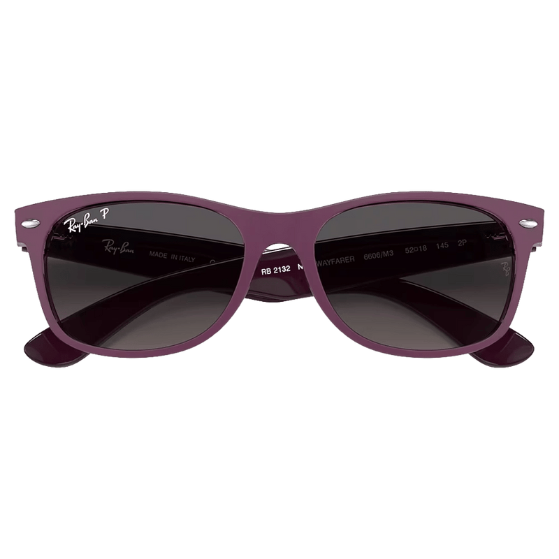 Fodled view of the Ray-Ban New Wayfarer Sunglasses in Matte Violet, Grey Gradiant lens, unisex model