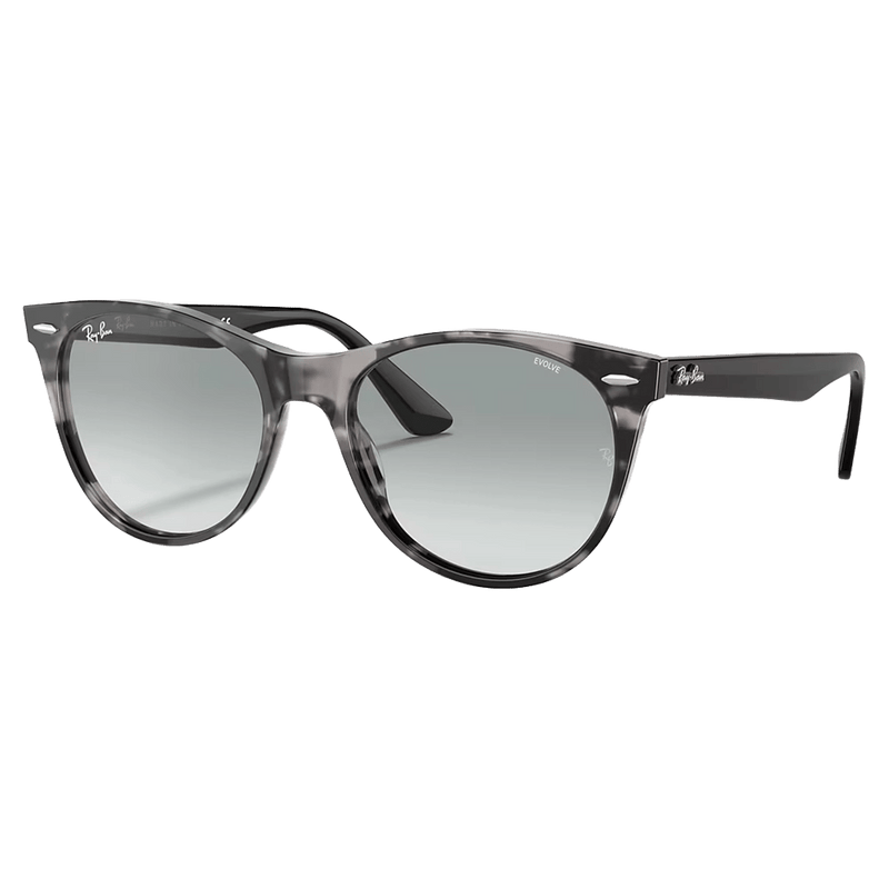 Main view of the Ray-Ban Wayfarer II Sunglasses in Grey Havana, Photo Azure lens, unisex model