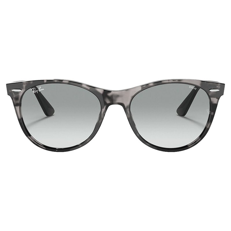 Fornt view of the Ray-Ban Wayfarer II Sunglasses in Grey Havana, Photo Azure lens, unisex model