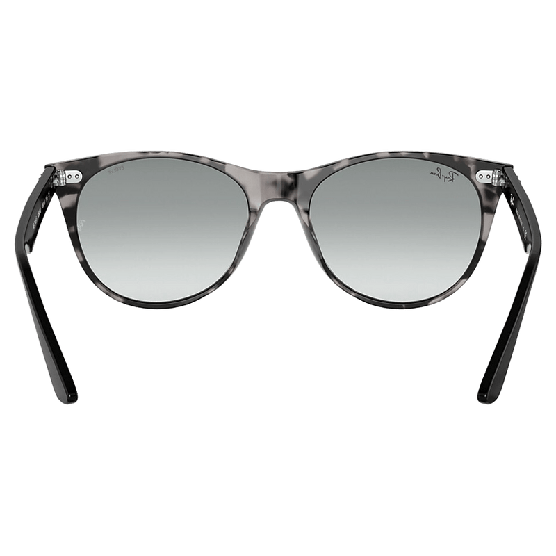 Back view of the Ray-Ban Wayfarer II Sunglasses in Grey Havana, Photo Azure lens, unisex model