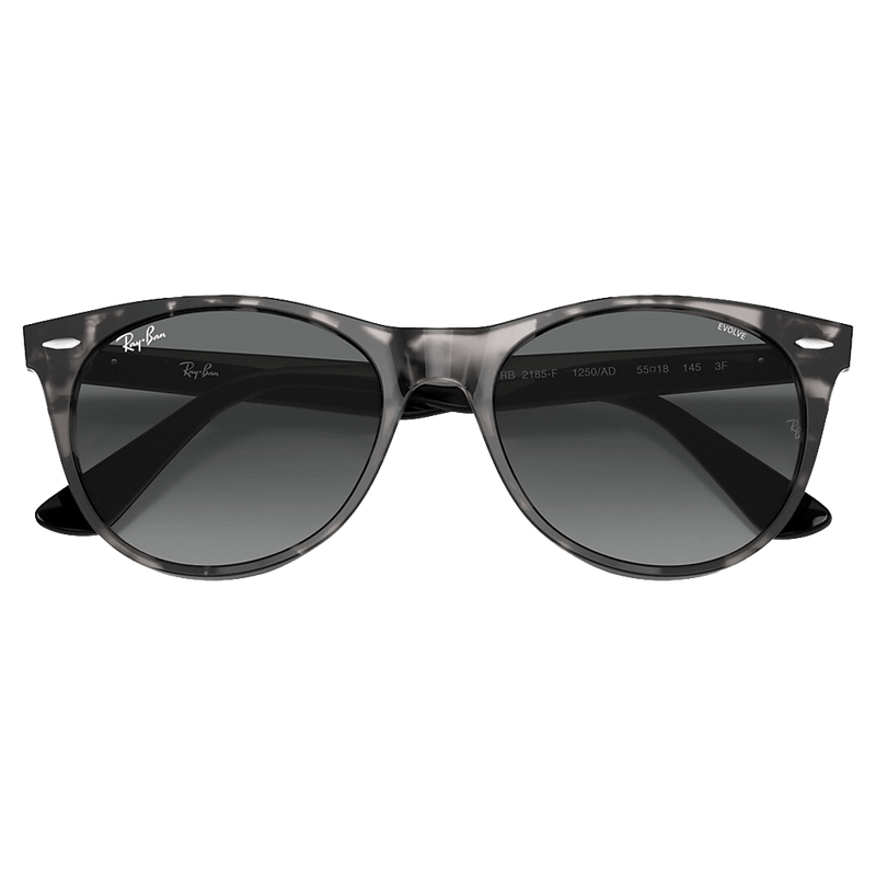 Folded view of the Ray-Ban Wayfarer II Sunglasses in Grey Havana, Photo Azure lens, unisex model
