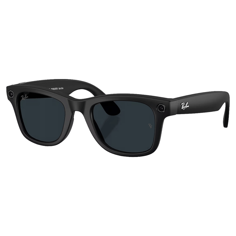 Dark lens view of the Ray-Ban Wayfarer Meta Gen 2 Sunglasses in Matte Black, Photochromic Transitions Grey lens, unisex model