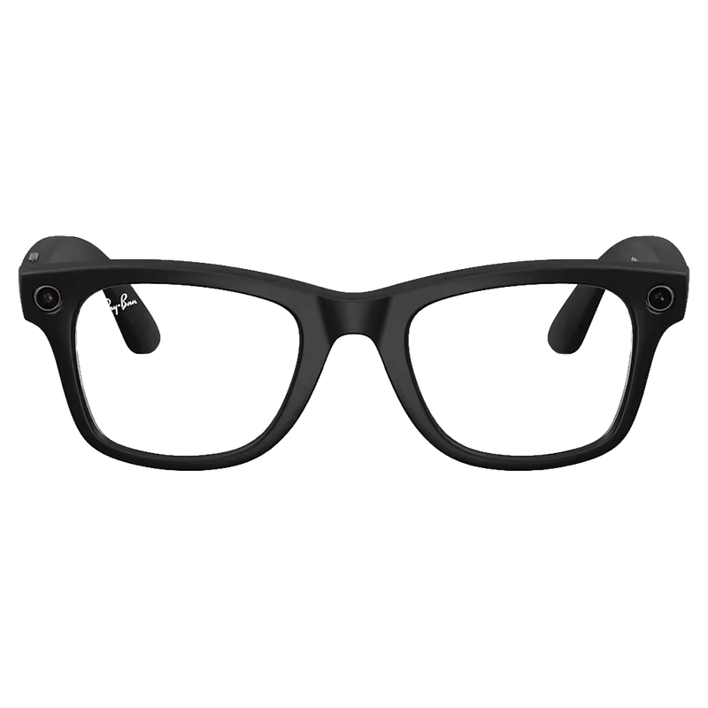 Front view of the Ray-Ban Wayfarer Meta Gen 2 Sunglasses in Matte Black, Photochromic Transitions Grey lens, unisex model
