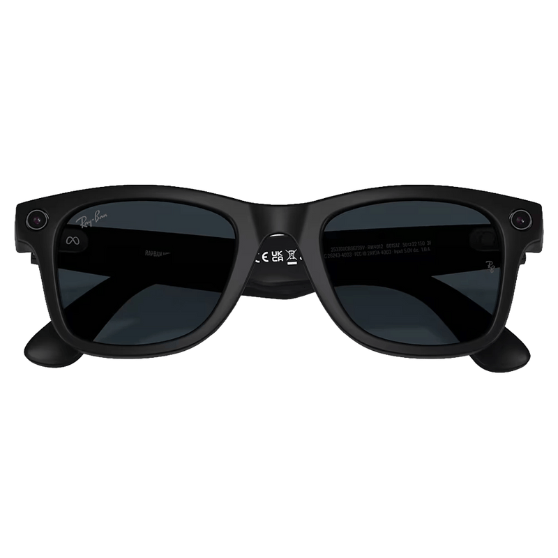 Folded view of the Ray-Ban Wayfarer Meta Gen 2 Sunglasses in Matte Black, Photochromic Transitions Grey lens, unisex model