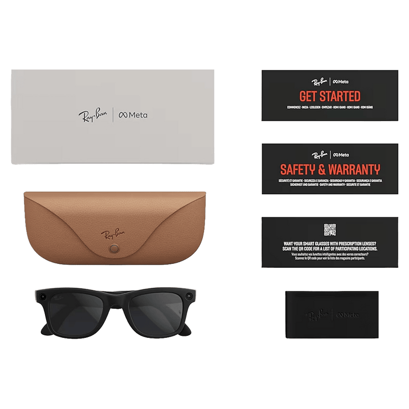 What is included view of the Ray-Ban Wayfarer Meta Gen 2 Sunglasses in Matte Black, Photochromic Transitions Grey lens, unisex model