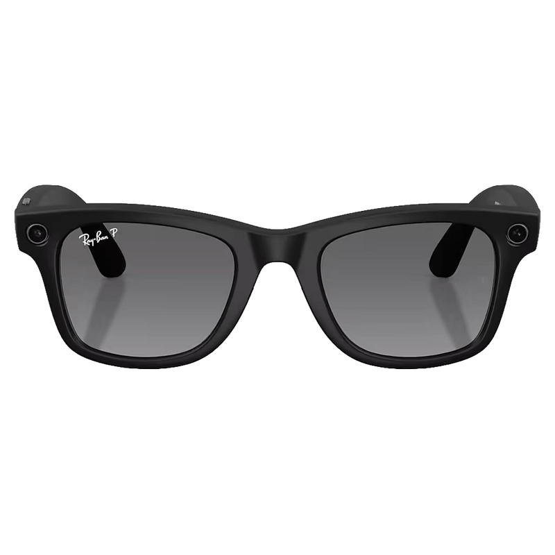 Front view of the Ray-Ban Wayfarer Meta Gen 2 Sunglasses in Matte Black, Polar Gradient Graphite lens, unisex model