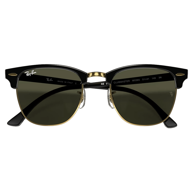 Folded view of the RayBan Clubmaster Classic Sunglasses in Black, G15 Green lens, unisex model