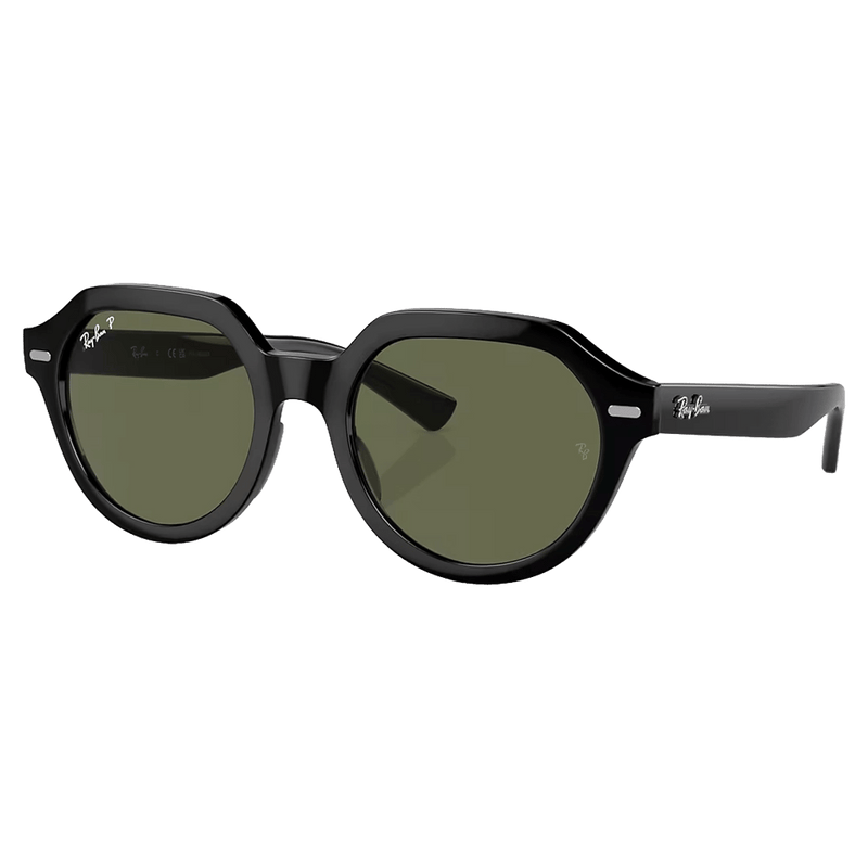 Main view of the RayBan Gina Sunglasses in Black, Dark Green Polar lens, unisex model