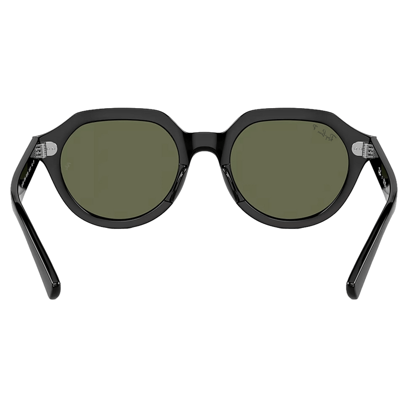 Back view of the RayBan Gina Sunglasses in Black, Dark Green Polar lens, unisex model