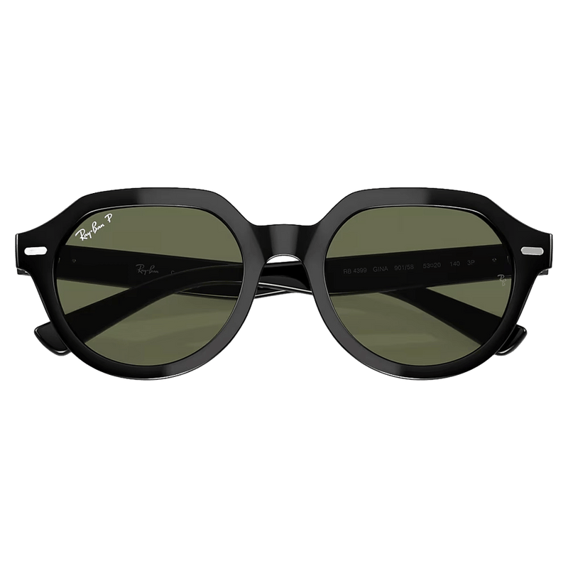 Folded view of the RayBan Gina Sunglasses in Black, Dark Green Polar lens, unisex model