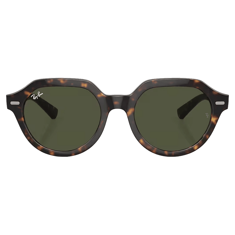 front view of the RayBan Gina Sunglasses in Havana, Dark Green Polar lens, unisex model