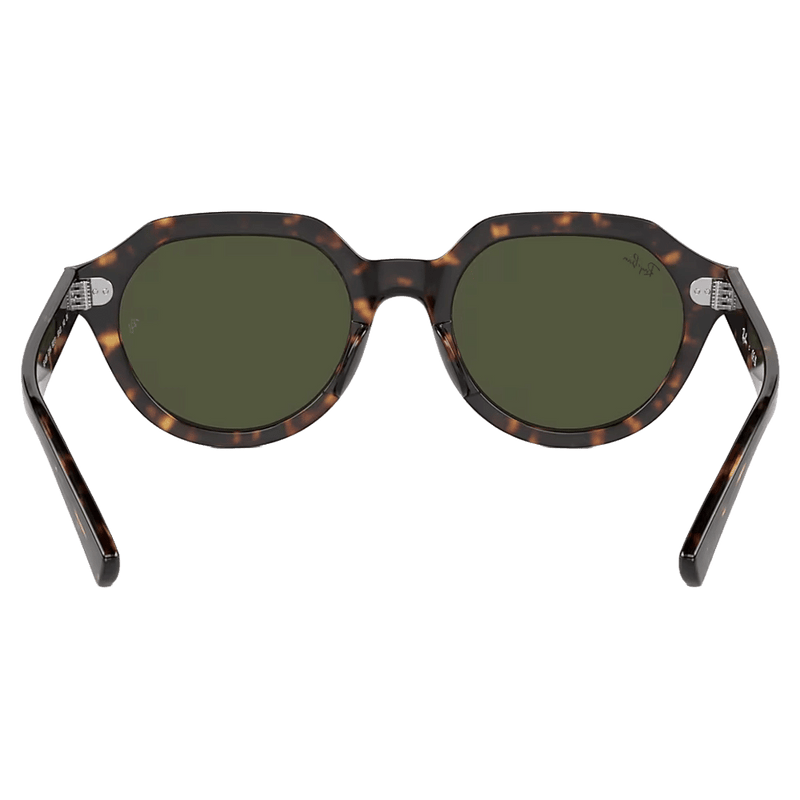Back view of the RayBan Gina Sunglasses in Havana, Dark Green Polar lens, unisex model