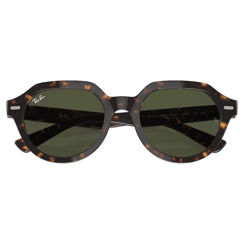 Folded view of the RayBan Gina Sunglasses in Havana, Dark Green Polar lens, unisex model