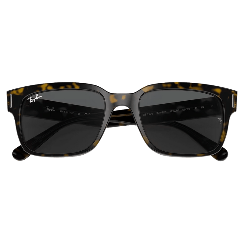 Folded view of the RayBan Jeffery Sunglasses in Havana On Transparent Brown, Dark Grey lens, unisex model