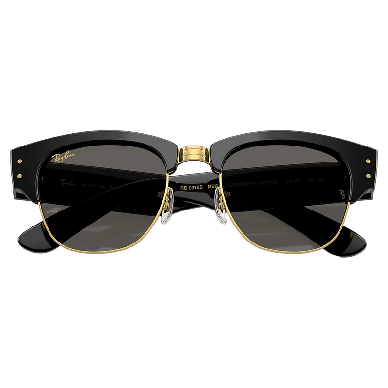 Folded view of the RayBan Mega Clubmaster Sunglasses in Black on Gold, Ultra Black lens, unisex model