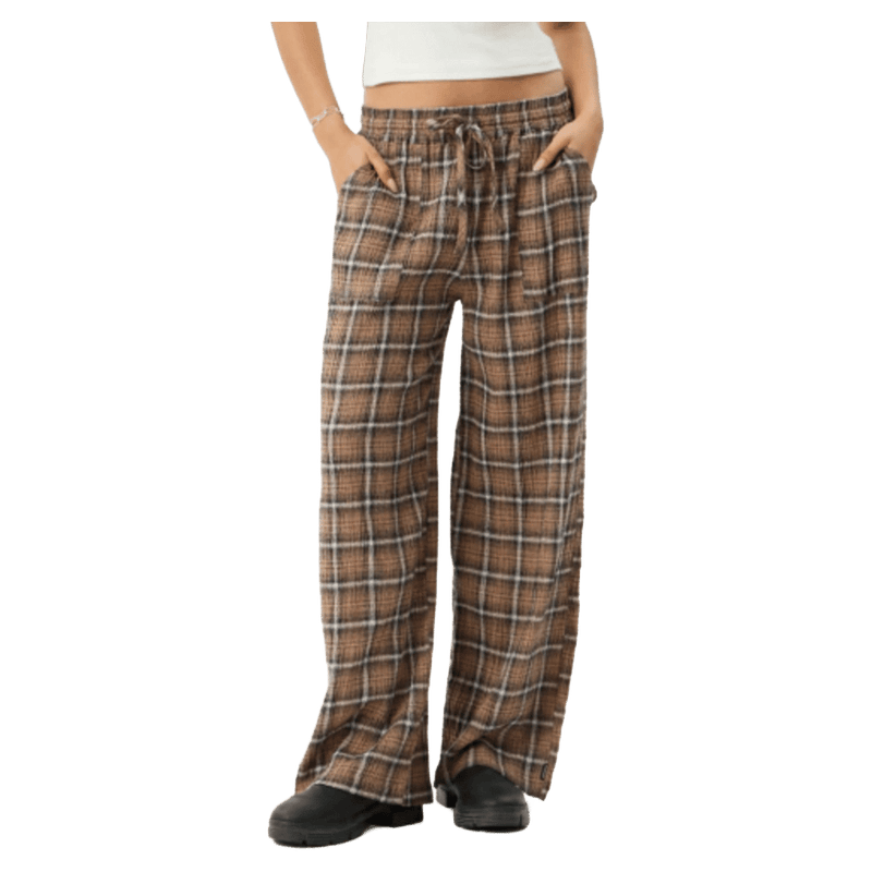 Front view of Afends Reverie Hemp Seersucker Pants - Womens in colour Coffee Check.