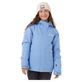 Child wearing a light blue Rip Curl Anti Series Olly hooded ski jacket with adjustable cuffs and a white beanie.