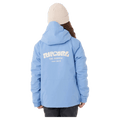 Back view of a light blue Rip Curl Anti Series Olly kids ski jacket with a hood and white logo on the back.
