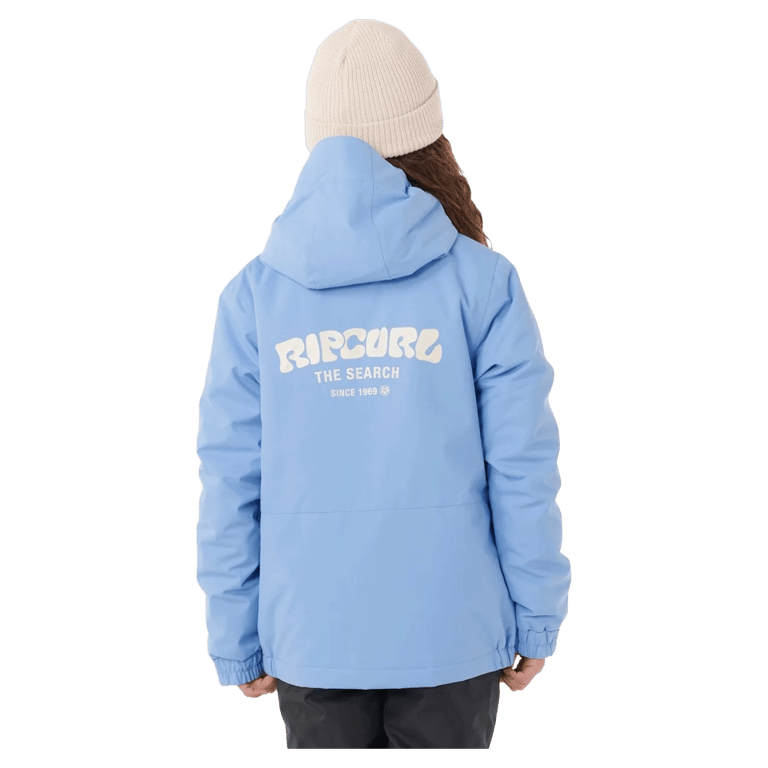 Back view of a light blue Rip Curl Anti Series Olly kids ski jacket with a hood and white logo on the back.