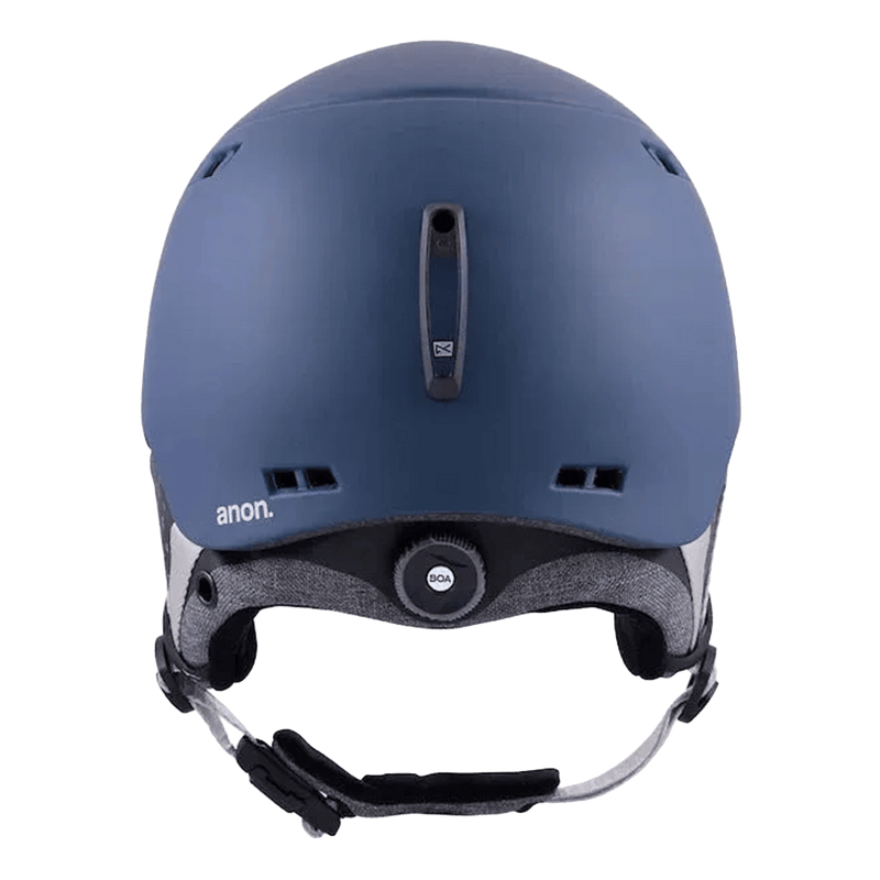 Rear view of a matte navy blue Anon Rodan helmet with a goggle clip, BOA fit dial, and grey interior lining.