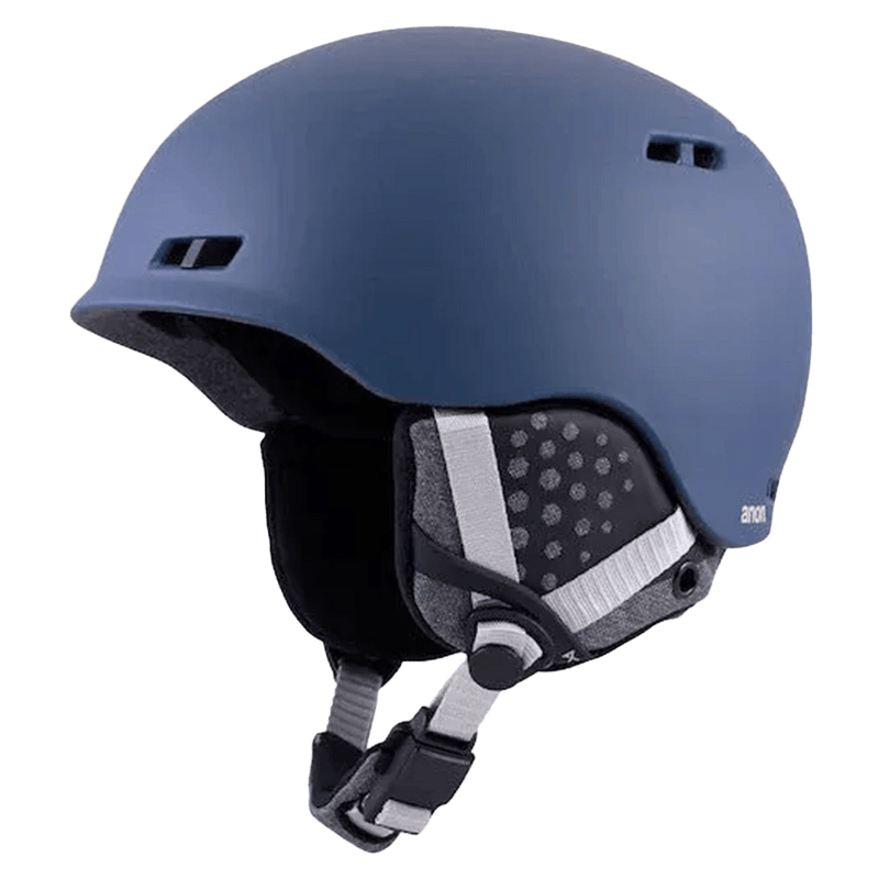 Matte blue Anon Rodan helmet with side vents, grey patterned ear pads, and light grey chin strap.