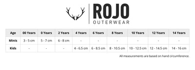 Size chart for Rojo handwear showing measurements for kids. Includes hand circumference in centimetres, with corresponding sizes. Helps customers find the right glove or mitten fit