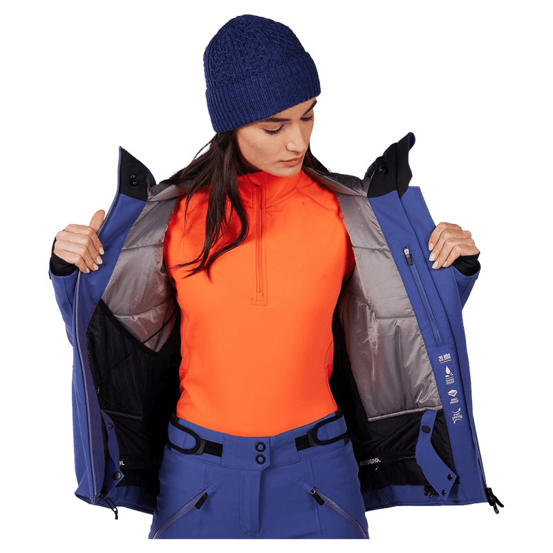 Open jacket view of the Rossignol BLACKSIDE Jacket in FUTURE BLUE colourway, women model