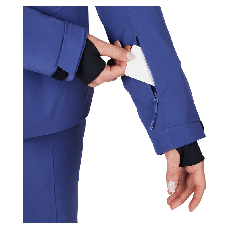 Pass pocket view of the Rossignol BLACKSIDE Jacket in FUTURE BLUE colourway, women model