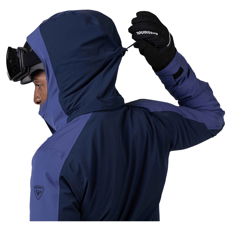 Hood view of the Rossignol Blackside 2.0 Jacket in FUTURE BLUE colourway, men model