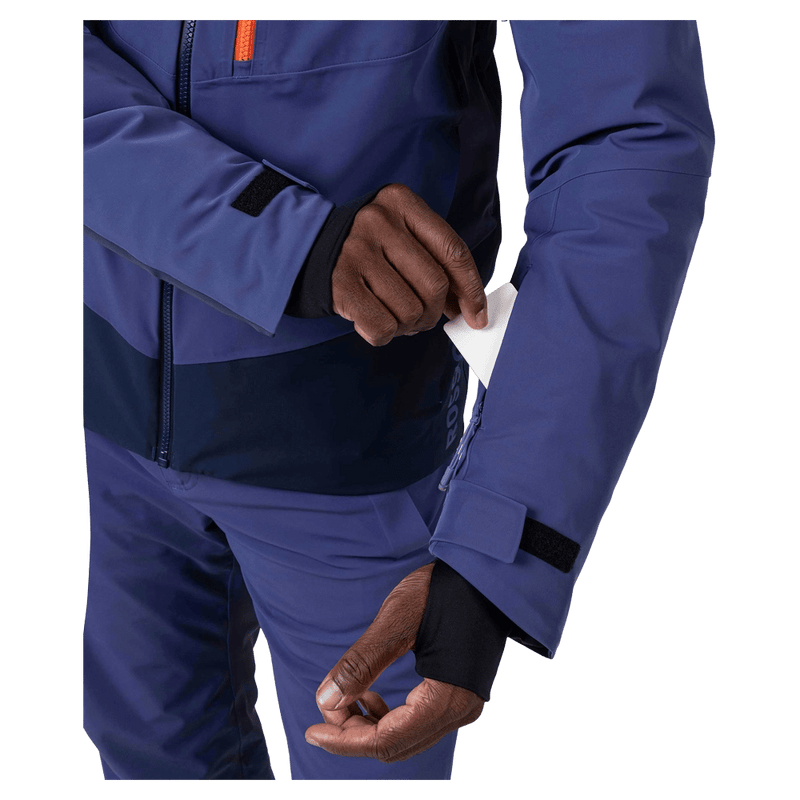 Pass pocket view of the Rossignol Blackside 2.0 Jacket in FUTURE BLUE colourway, men model