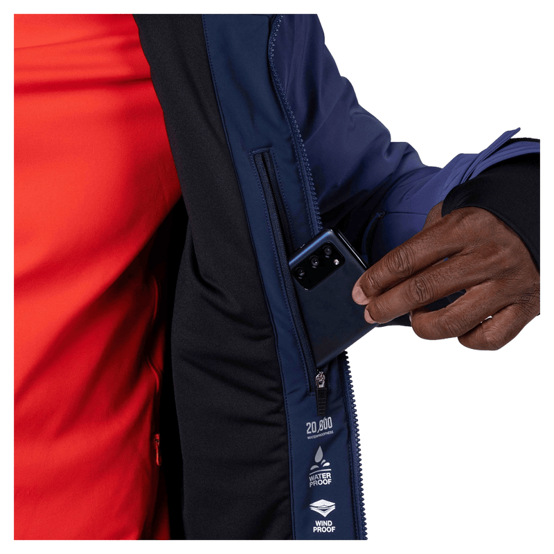 Media pocket view of the Rossignol Blackside 2.0 Jacket in FUTURE BLUE colourway, men model
