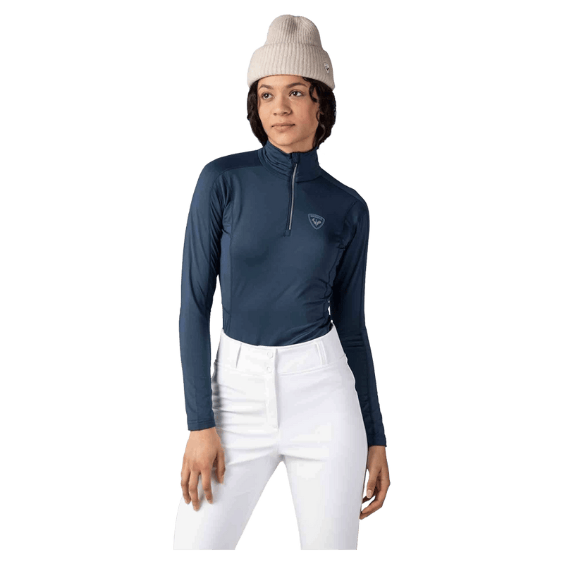 Front view of the Rossignol CLASSIQUE Half ZIP Baselayer in DARK NAVY colourway, women model