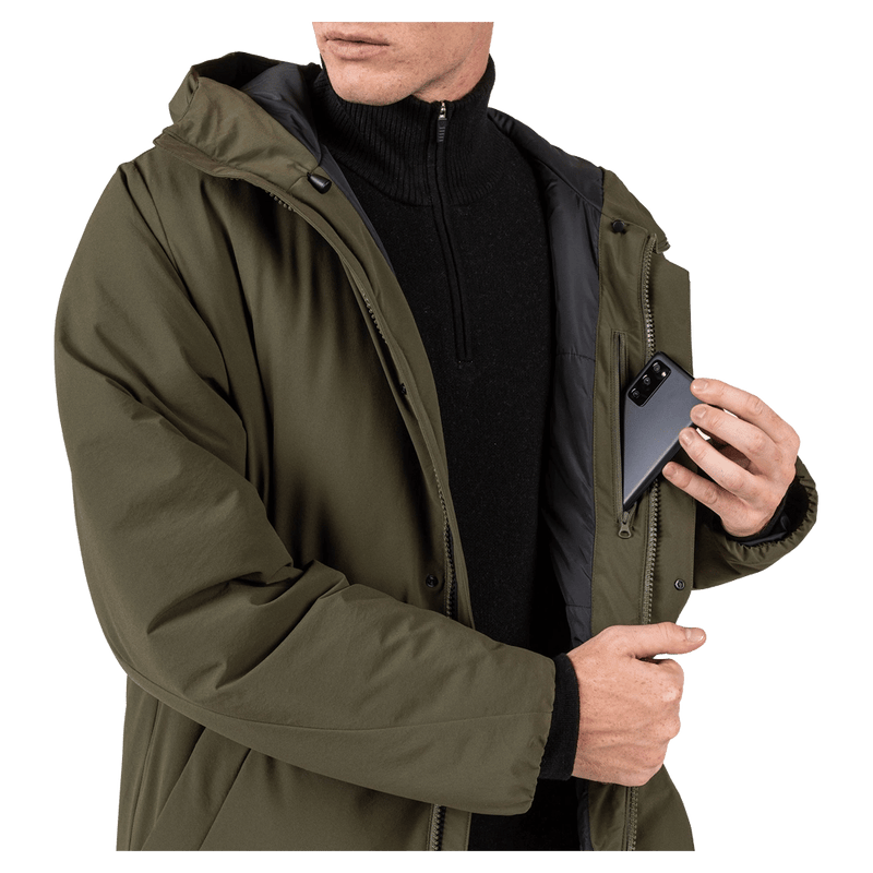 Media pocket view of the Rossignol Ciastel Ski Jacket in Olive Shadow colourway, men model