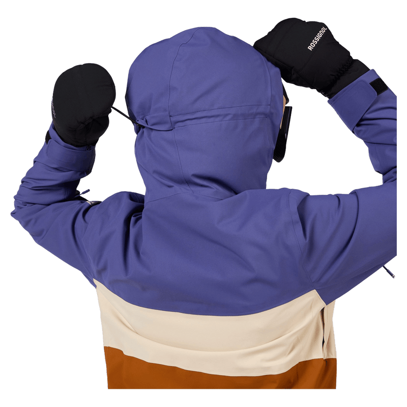 Hood view of the Rossignol Desafio Shell 2L Ski Jacket in FUTURE BLUE colourway, women model
