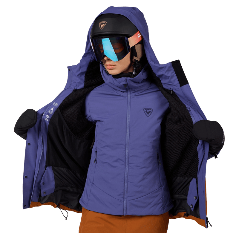 Open jacket view of the Rossignol Desafio Shell 2L Ski Jacket in FUTURE BLUE colourway, women model
