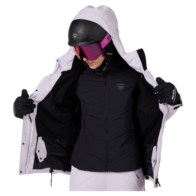 Open jacket view of the Rossignol Desafio Shell 2L Ski Jacket in GALACTIC LILAC colourway, women model