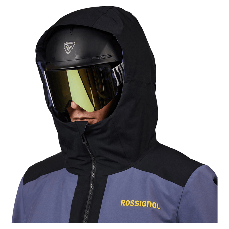 Hood view of the Rossignol Rochrun Insulated Jacket in TRUE NIGHT BLUE colourway, men model