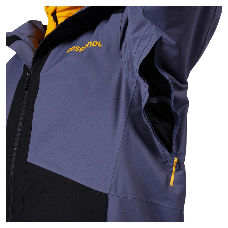 Vents view of the Rossignol Rochrun Insulated Jacket in TRUE NIGHT BLUE colourway, men model
