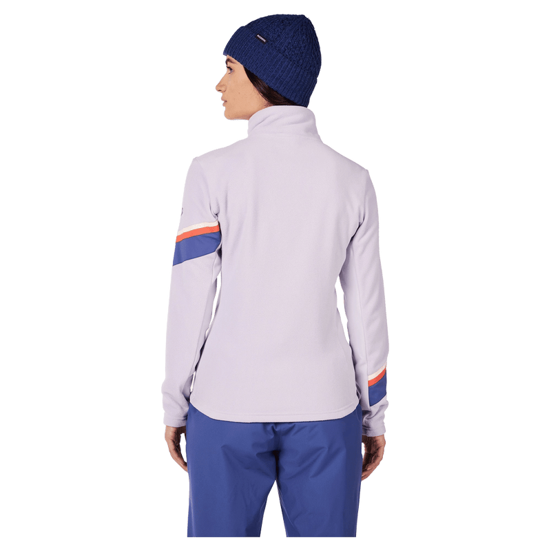Back view of the Rossignol Strawpile Full-Zip Fleece Jacket in GALACTIC LILAC colourway, women model