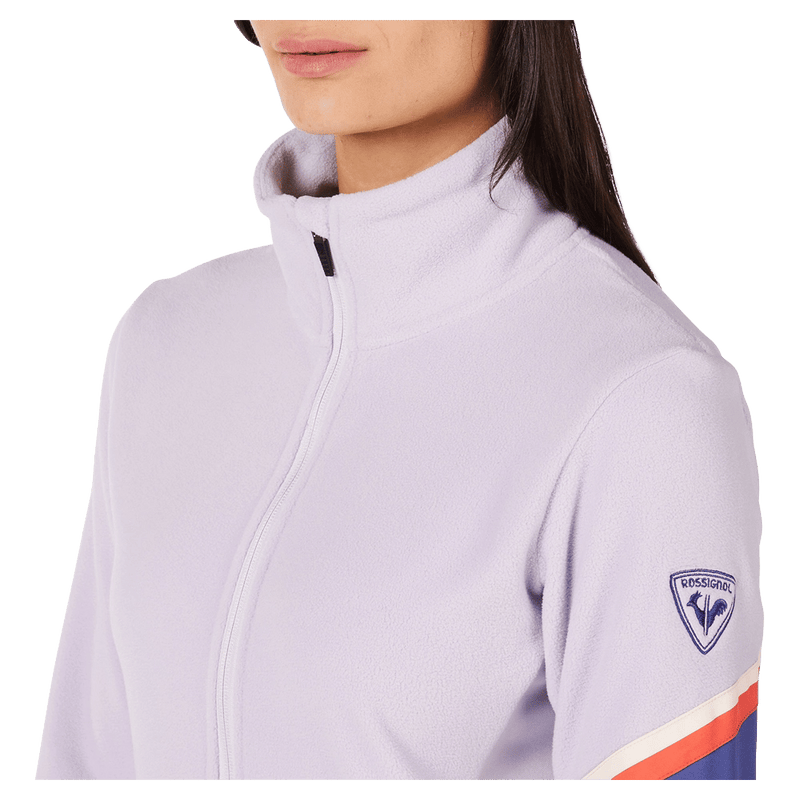 Detail view of the Rossignol Strawpile Full-Zip Fleece Jacket in GALACTIC LILAC colourway, women model