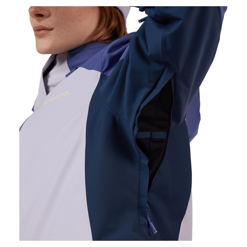 Underarm vents view of the Rossignol VELIKA INSULATED Jacket in GALACTIC LILAC colourway, women model